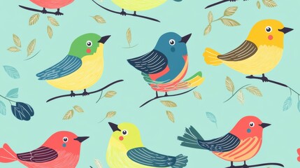 Fototapeta premium Colorful birds perched on branches against a vibrant background, perfect for nature lovers and artistic designs.