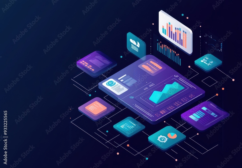 Aufkleber isometric digital data visualization with futuristic interface elements and graphs in a flat vector 