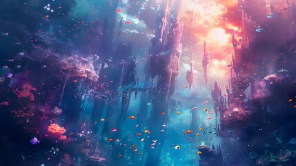 Obraz premium Surreal Underwater Dreamscape with Floating Objects and Vibrant Colors