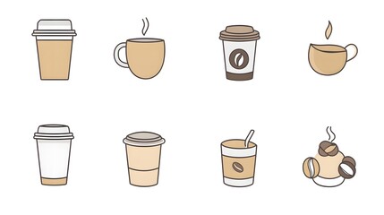 Obraz premium Minimalistic vector icons set featuring coffee and tea in pastel colors, including coffee cups, milk froth, cappuccino, latte, French press, coffee bean, and pot
