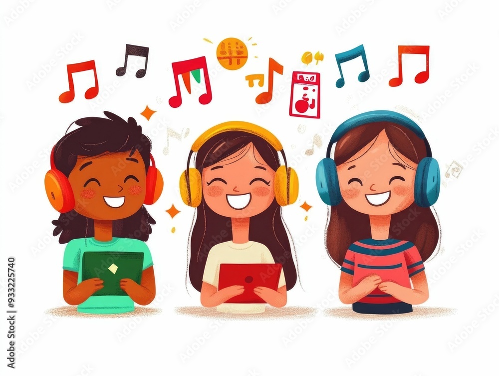Poster exploring the world of language learning through listening to foreign music and flat design a creati