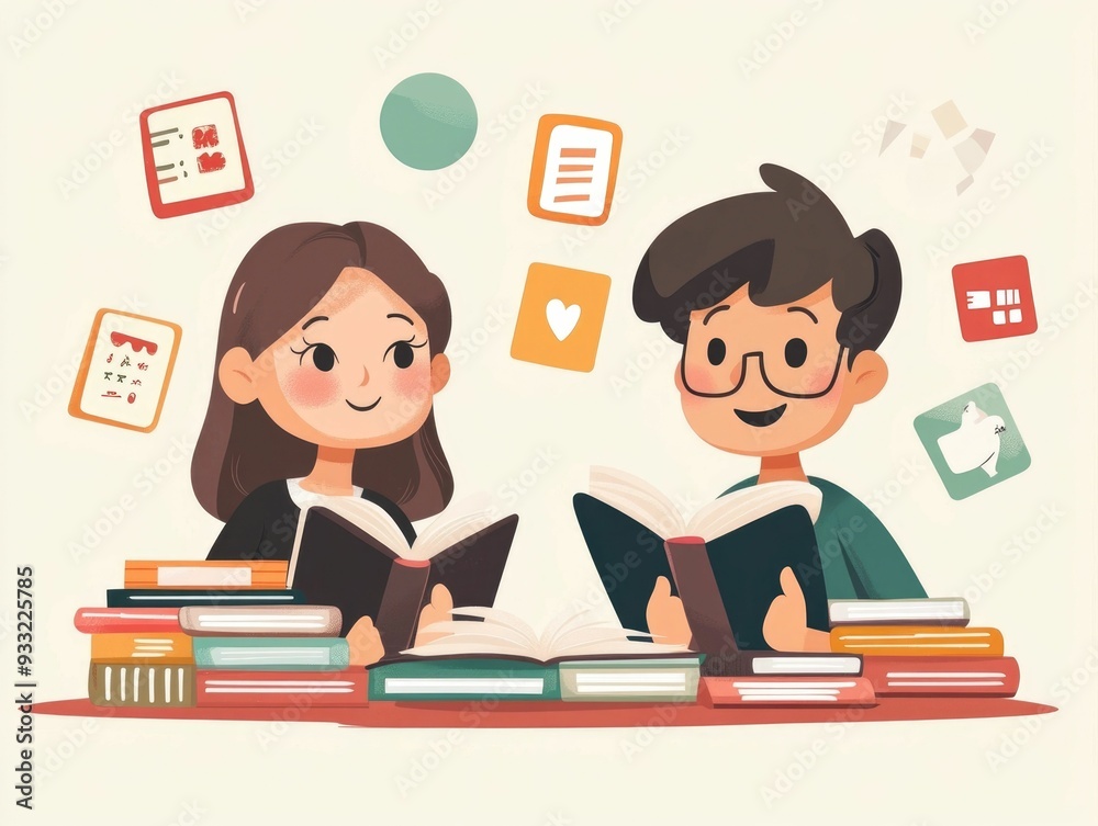 Poster language learning and daily flashcard review flat design showcasing the process of improving languag