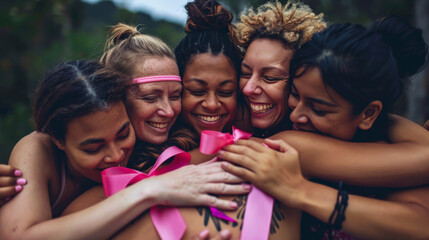 Obraz premium Pink ribbons entwined as women hug in support, breast cancer awareness 