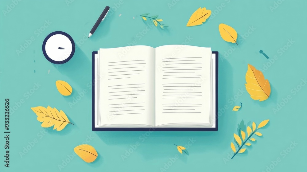 Poster of a flat design scene depicting language learning through the use of a textbook or workbook with gr
