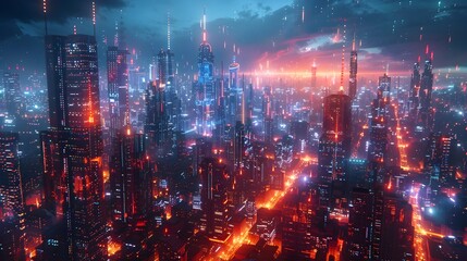Obraz premium Captivating Digital Art of a Futuristic Neon Lit Metropolis with Advanced Technology and Bustling Streets