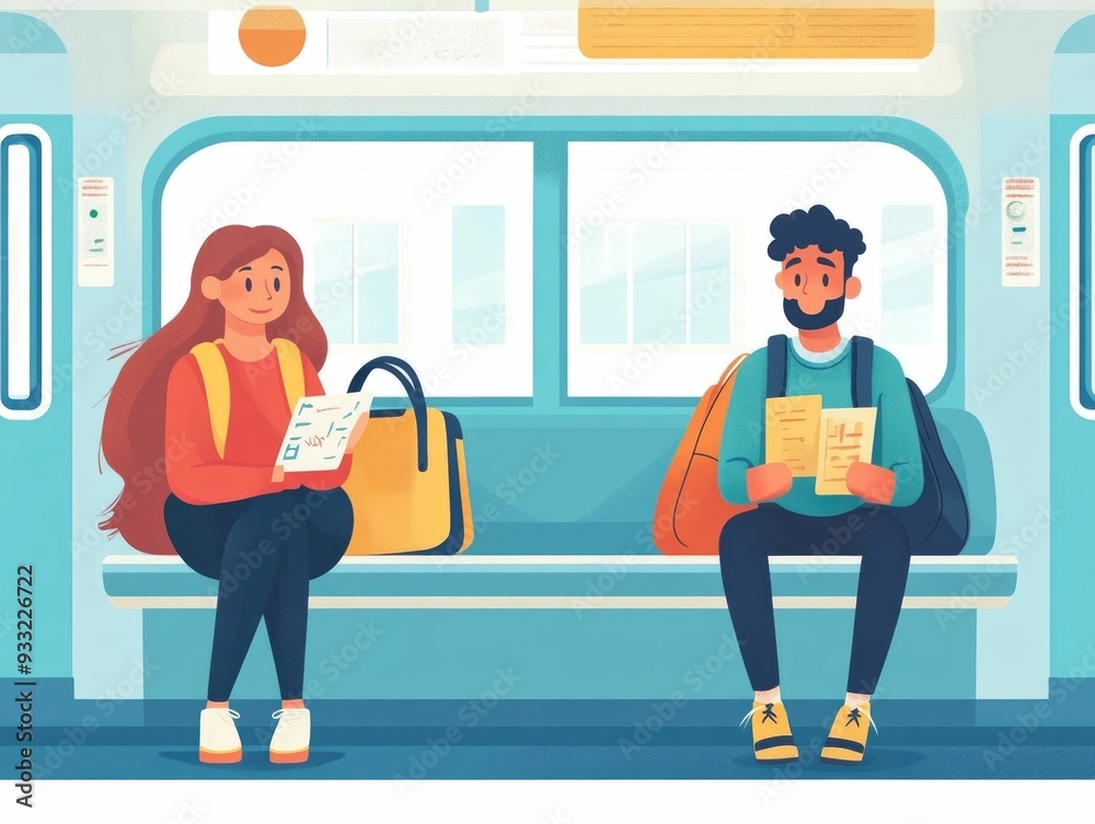 Poster flat design of language learning with digital flashcards during daily commute for efficient and prod