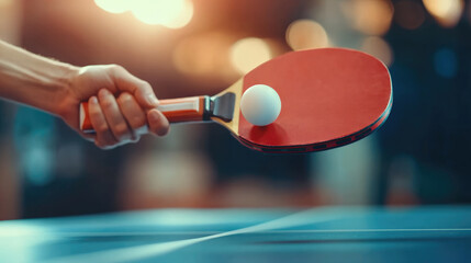 Close-up of table tennis player doing a serve, focus on the red racket and ball, with a blurred background.