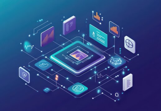 Isometric digital interface with data analytics and futuristic icons in a 3D vector illustration for technology and innovation themes