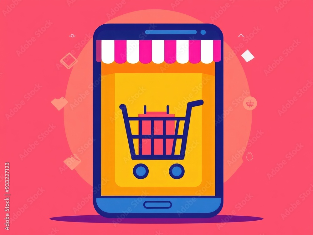 Poster flat design of an e commerce virtual shopping cart for adding items purchasing goods and completing 