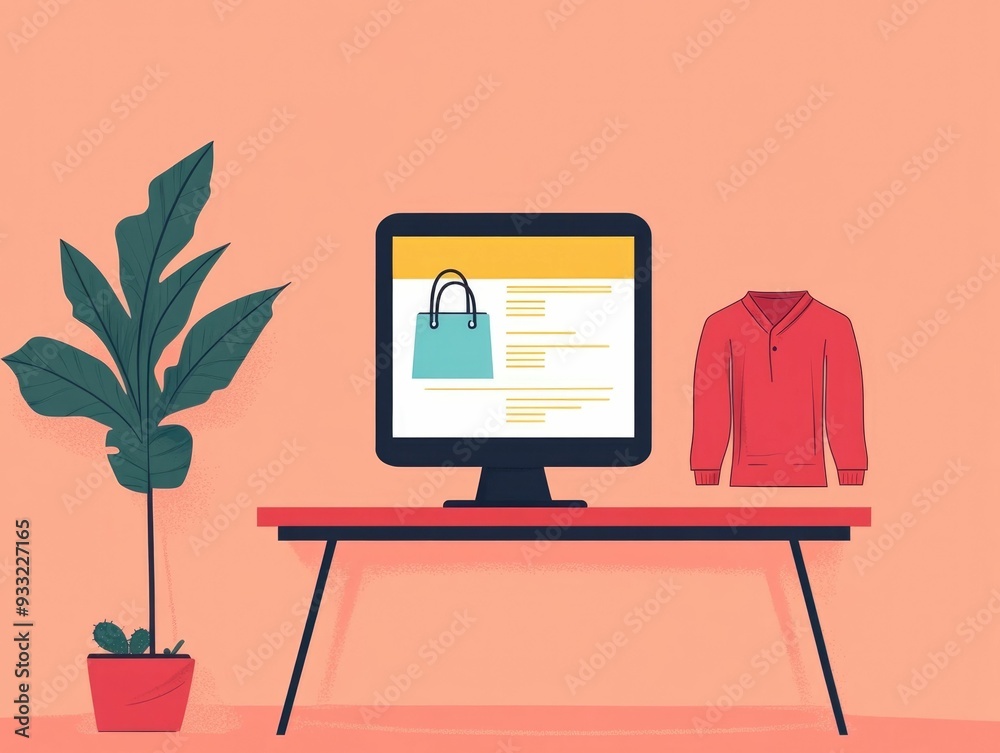 Poster flat design depicting an e commerce website browsing experience showcasing the user interface and sh