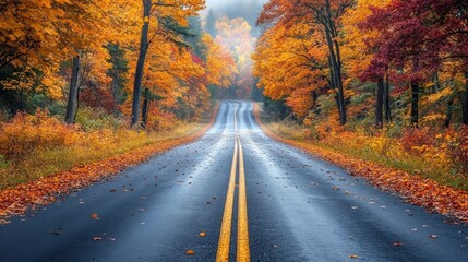 Obraz premium Scenic drive through colorful countryside in autumn surrounded by vibrant foliage