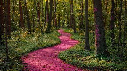 Path of hope: Pink trail through a landscape for breast cancer awareness
