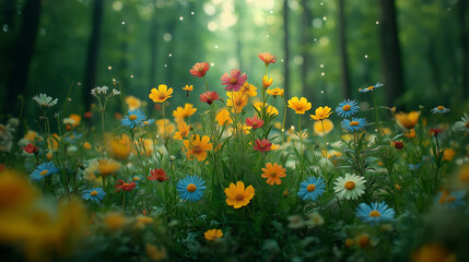 A close-up of colorful wildflowers growing on the forest floor, surrounded by the greenery of the underbrush  
