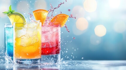 Vibrant Watercolor Painting of Summer Cocktails with Splashes of Color representing Freshness and Flavors, Concept of Summer Food and Beverages