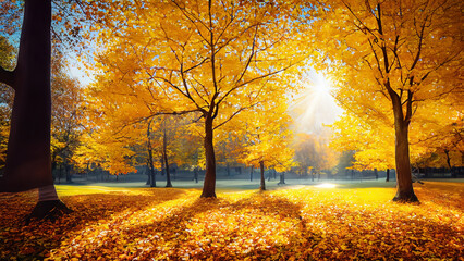 Fototapeta premium A captivating autumn landscape featuring yellow trees and sunlight.