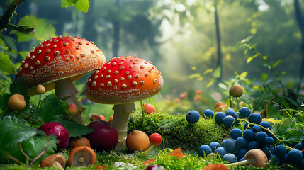 A mushrooms wild with the ground is covered with grass, trees, roses, red apples blueberries, and green grapes on the ground