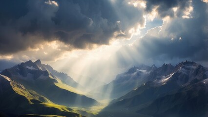 Thick, billowing clouds gathering over a vast mountain range, casting deep shadows on the valleys below, with rays of sunlight breaking through.-