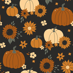 Seamless pattern of autumn flowers and pumpkins on a dark background. Vector graphics.