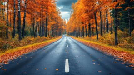 Obraz premium Scenic autumn drive through a countryside lined with vibrant trees and fallen leaves