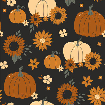 Seamless pattern of autumn flowers and pumpkins on a dark background. Vector graphics.