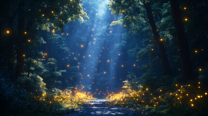 Naklejka premium A dark, mysterious forest scene illuminated by moonlight or the glow of fireflies, evoking a sense of wonder and intrigue