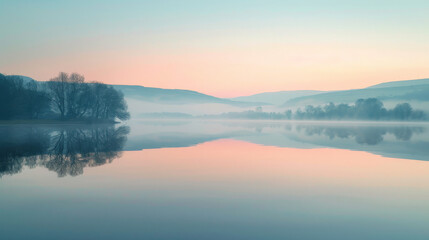 Fototapeta premium Serene lake at dawn with a pink ribbon reflection in the water 
