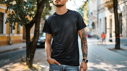 Obraz premium Young Model Shirt Mockup, Boy wearing black t-shirt on street in daylight, Shirt Mockup Template on hipster adult for design print, Male guy wearing casual t-shirt mockup placement.