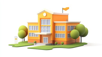A cute 3D cartoon style school building with a flag, trees, grass and steps.