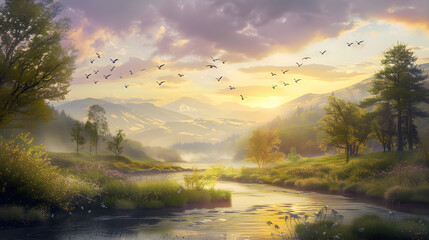 Fototapeta premium Nature's Dawn Symphony: A Harmonious Blend of Light, Water, and Wings in Serene Landscape Orchestra