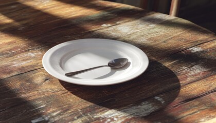 Obraz premium Minimalist Table Setting with White Plate and Wooden Surface in Bright Natural Light