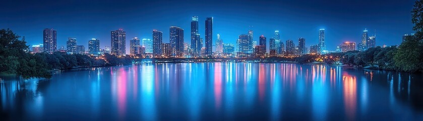 Obraz premium City skyline at night, with lights twinkling and a river reflecting the urban landscape, Majestic, Cool Tones, Wide Shot