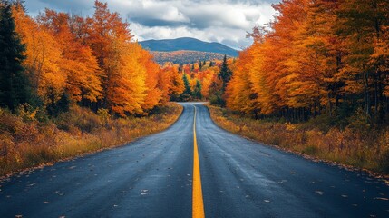 Naklejka premium Scenic drive through vibrant autumn countryside with colorful trees and mountains in the background