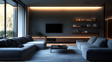 a living room with gray couches and an entertainment center,