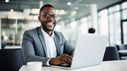 A happy Black businessman working on his laptop in an office.