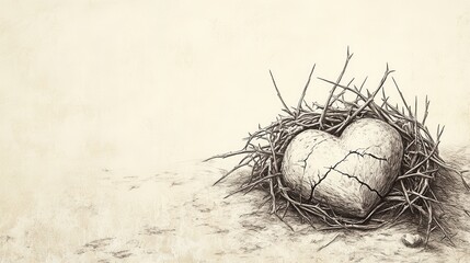 Biblical Illustration of a Broken Heart Surrounded by Thorns, Symbolizing the Deep Sorrow of Sin and Longing for God's Forgiveness, Psalms 38