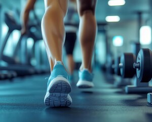 Fitness workout in a modern gym, with individuals lifting weights and doing cardio, Dynamic, Bright, High Energy