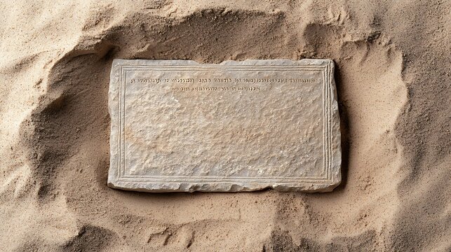 An ancient stone tablet with Hebrew inscriptions, partially buried in sand, representing the historical roots of Judaism, copy space for text,