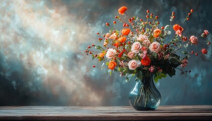 Flower bouquet on a rustic table, with morning light softly illuminating the petals, Elegant, Warm, Detailed