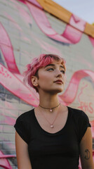 Young woman with pink hair by a pink ribbon mural
