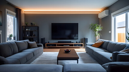 Fototapeta premium a living room with gray couches and an entertainment center,