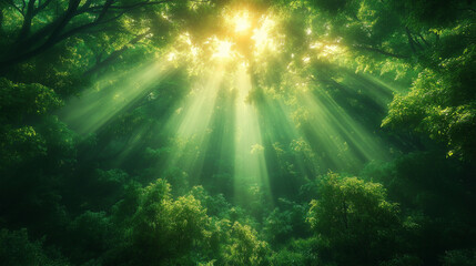 Obraz premium A upward view of the dense canopy, with sunlight filtering through the leaves, showing the richness and diversity of the tree