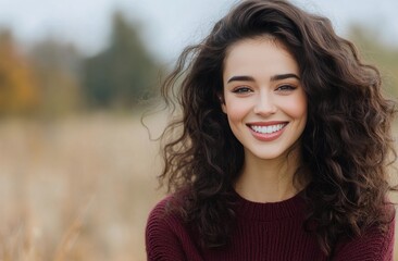 Young woman smiling warmly in a grassy field during a sunny day