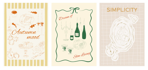 Collection of Slow living Fall posters. Food Poster template. Interior posters set. Editable vector illustration.
