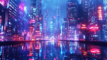 Obraz premium Futuristic Neon Cityscape at Night with Reflections on Wet Streets and Skyscrapers Illuminated by Vibrant Lights