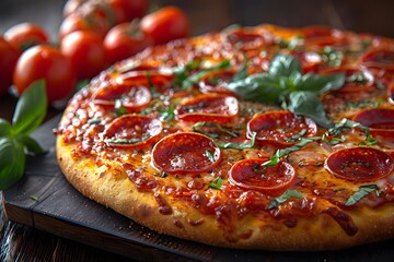 Delicious Pepperoni Pizza with Fresh Basil and Tomatoes Perfect for Italian Cuisine Promotions