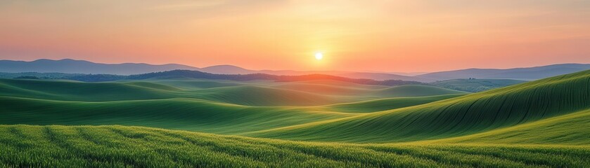 Obraz premium Nature landscape with rolling hills and a vibrant sunset, capturing the beauty of the environment, Majestic, Warm Tones, Wide Shot