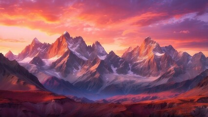 Obraz premium A breathtaking sunset over towering mountains, with the sky painted in shades of orange, pink, and purple, casting a warm glow on the rugged peaks.-