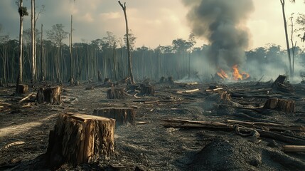 Forest devastated by illegal logging with tree stumps and smoke indicating deforestation and destruction of the natural environment