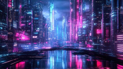 Futuristic Cyberpunk Cityscape with Neon Lights and Skyscrapers Reflecting on Wet Streets at Night