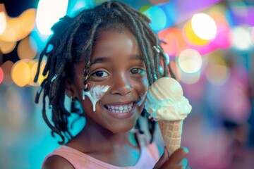Playful teen trendy hairdo expressing joyful and spirited charm. The pure joy of ice cream is seen in this child's smile.  Embodying carefree and fearless spirit of modern youth.